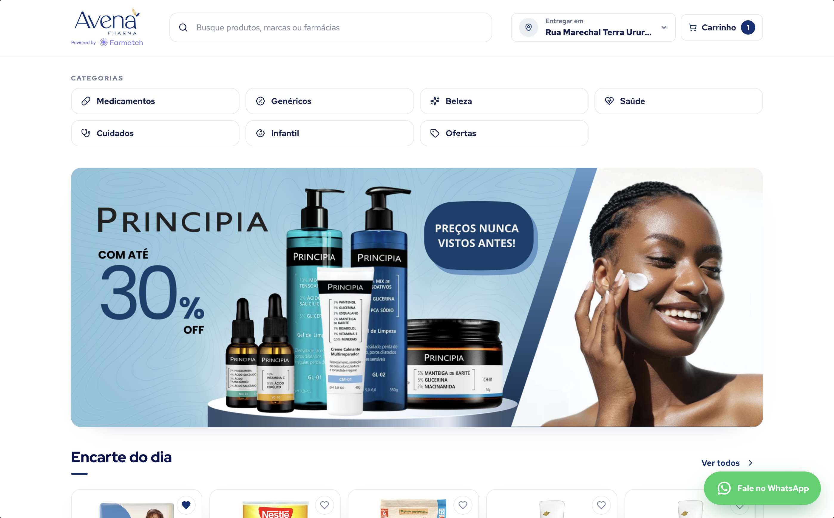 Loja online Avena Pharma no computador, com logo próprio, categorias e ofertas, powered by Farmatch.