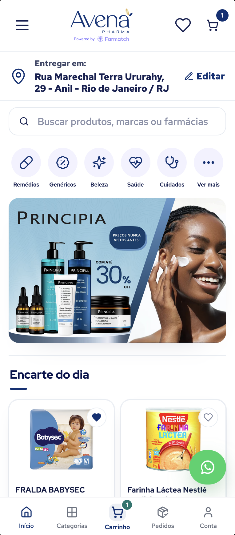 Loja Avena Pharma no celular com identidade da farmácia, busca, catálogo e carrinho.